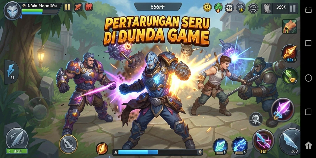 Screenshot gameplay 666FF menunjukkan karakter bertarung dengan latar belakang yang menakjubkan.