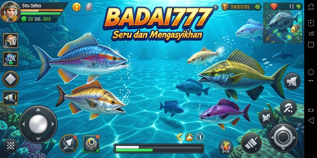 Gameplay BADAI777 yang seru dengan aksi memancing ikan.