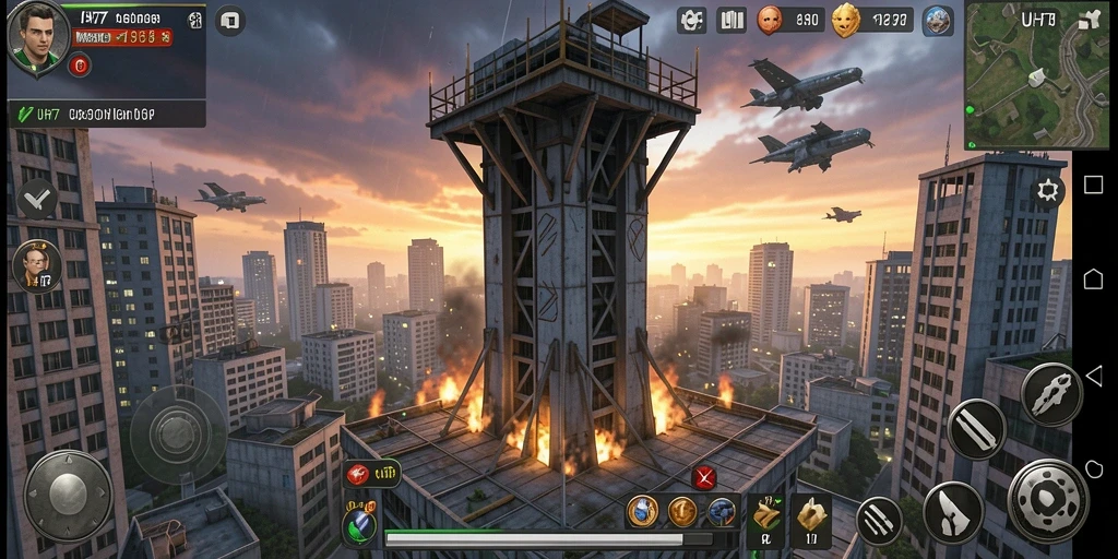 Tampilan menara dan musuh dalam gameplay Tower Defense UH77.