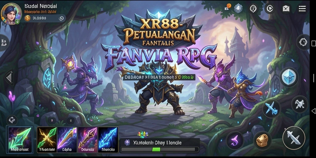 Screenshot gameplay XR88 menampilkan pertarungan heroik dalam dunia fantastis.