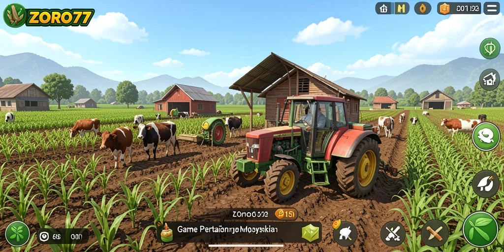 Tampilan gameplay ZORO77 dengan berbagai tanaman yang subur dan hewan ternak.